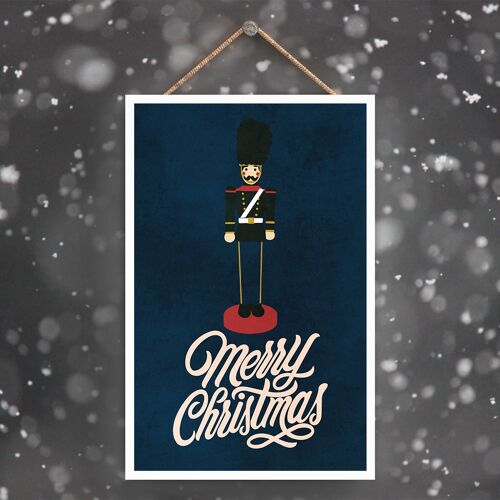 P2286 - Merry Christmas Nutcracker And Typography On A Blue Rectangle Portrait Wooden Hanging Plaque