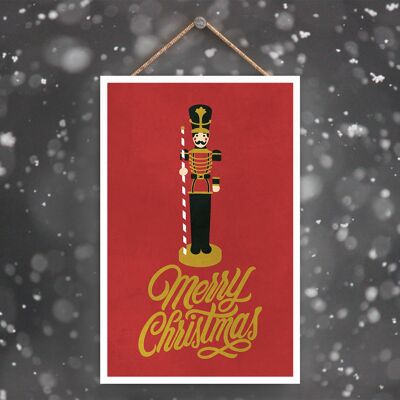 P2288 – Nussknacker der frohen Weihnachten und Typografie auf einem roten rechteckigen Porträt-Holzschild zum Aufhängen