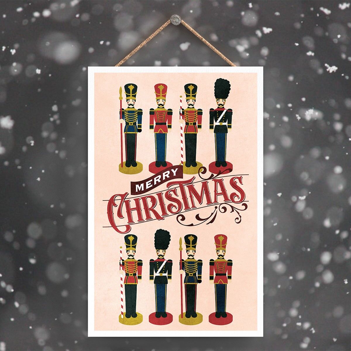 P2293 - Merry Christmas Nutcrackers And Typography On A Rectangle Portrait Wooden Hanging Plaque