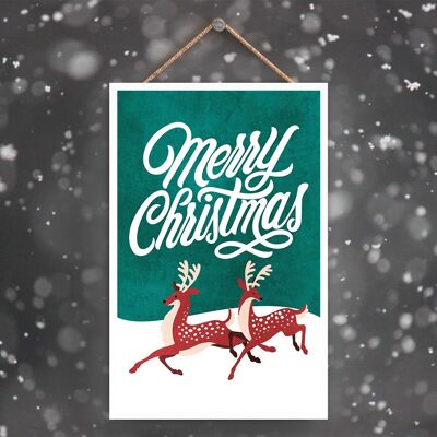 P2294 - Merry Christmas Reindeers In Snow And Typography On A Rectangle Portrait Wooden Hanging Plaque