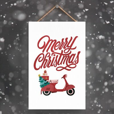 P2295 - Merry Christmas Scooter And Typography On A Rectangle Portrait Wooden Hanging Plaque
