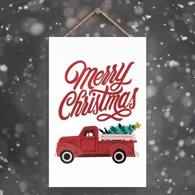 P2296 - Merry Christmas Truck And Typography On A Rectangle Portrait Wooden Hanging Plaque