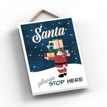 P2301 - Santa Please Stop Here Santa With Presents Typography On A Rectangle Portrait Plaque à suspendre en bois 2
