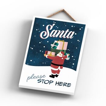 P2301 - Santa Please Stop Here Santa With Presents Typography On A Rectangle Portrait Plaque à suspendre en bois 3