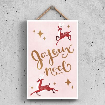 P2314 - Joyeux Noel Reindeer Pink Typography On A Rectangle Portrait Wooden Hanging Plaque