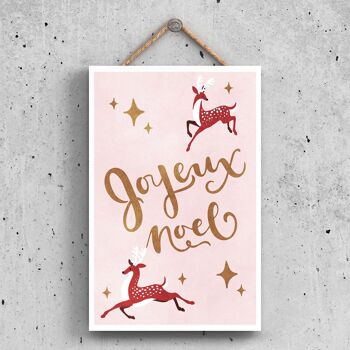 P2314 - Joyeux Noel Renne Rose Typographie Sur Un Rectangle Portrait Plaque à Suspendre En Bois 1