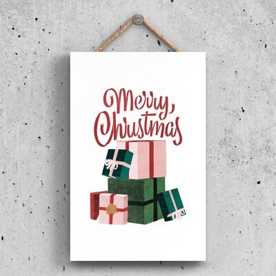 P2316 - Merry Christmas Presents And Typography On A Rectangle Portrait Wooden Hanging Plaque