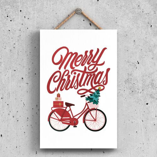 P2317 - Merry Christmas Bicycle And Typography On A Rectangle Portrait Wooden Hanging Plaque