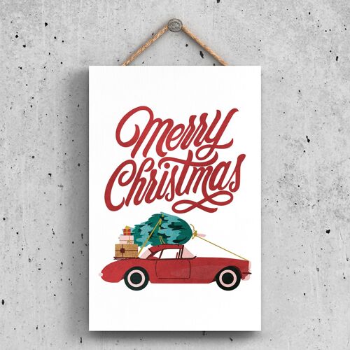 P2318 - Merry Christmas Car And Typography On A Rectangle Portrait Wooden Hanging Plaque