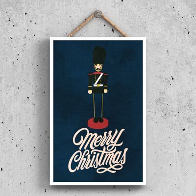 P2320 - Merry Christmas Nutcracker And Typography On A Blue Rectangle Portrait Wooden Hanging Plaque