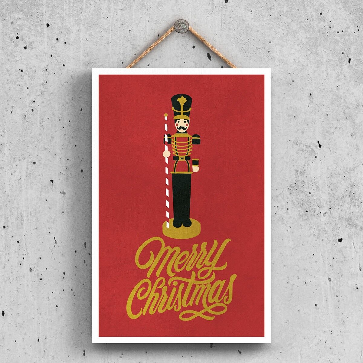 P2322 - Merry Christmas Nutcracker And Typography On A Red Rectangle Portrait Wooden Hanging Plaque
