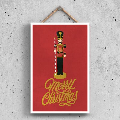P2322 - Merry Christmas Nutcracker And Typography On A Red Rectangle Portrait Wooden Hanging Plaque