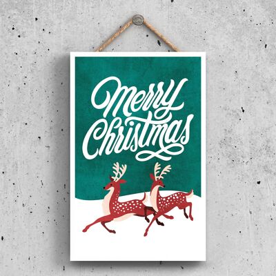 P2328 - Merry Christmas Reindeers In Snow And Typography On A Rectangle Portrait Wooden Hanging Plaque
