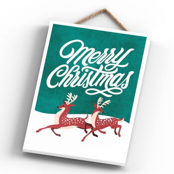 P2328 - Joyeux Noël Rennes Dans La Neige Et Typographie Sur Un Rectangle Portrait Plaque à Suspendre En Bois 4