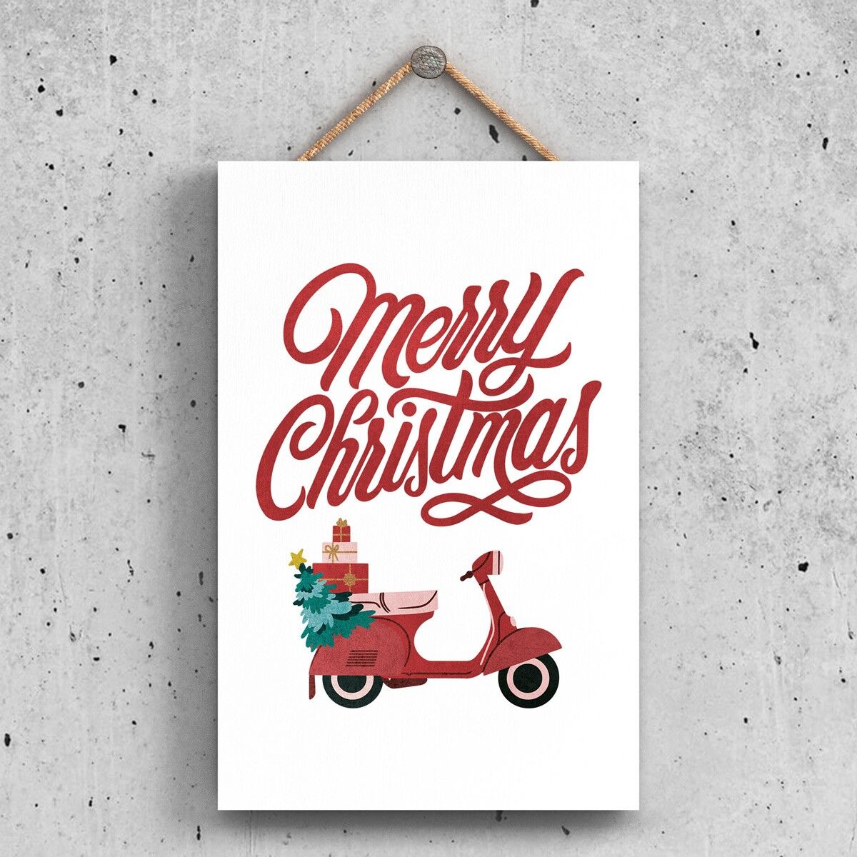 P2329 - Scooter e tipografia di buon Natale su una targa da appendere in legno con ritratto rettangolare