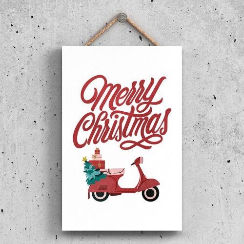 P2329 - Merry Christmas Scooter And Typography On A Rectangle Portrait Wooden Hanging Plaque