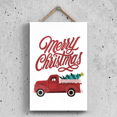 P2330 - Merry Christmas Truck e tipografia su una targa da appendere in legno con ritratto rettangolare
