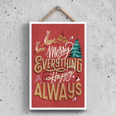 P2333 - Merry Everything And Happy Always On A Red Rectangle Portrait Wooden Hanging Plaque