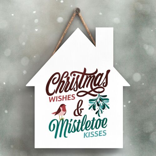 P2345 - Christmas Wishes Mistletoe Kisses Red And Green Typography On A House Shaped Wooden Hanging Plaque
