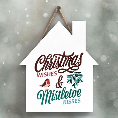 P2345 - Christmas Wishes Mistletoe Kisses Tipografía Roja Y Verde Sobre Una Placa Colgante De Madera En Forma De Casa