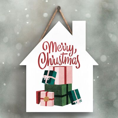 P2355 - Fröhliche Weihnachtsgeschenke und Typografie auf einem hölzernen Hängeschild in Form eines Hauses