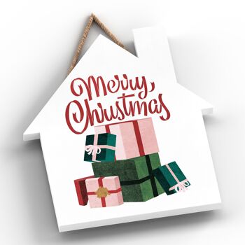 P2355 - Joyeux Noël Présente Et Typographie Sur Une Plaque à Suspendre En Bois En Forme De Maison 2