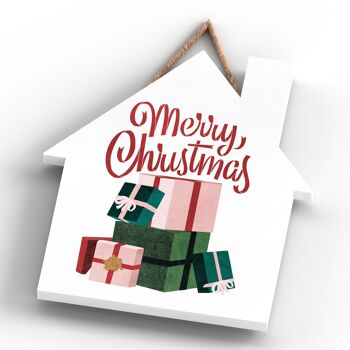 P2355 - Joyeux Noël Présente Et Typographie Sur Une Plaque à Suspendre En Bois En Forme De Maison 4