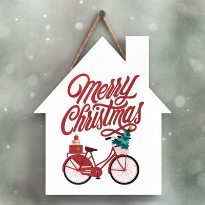 P2356 - Frohe Weihnachten, Fahrrad und Typografie auf einem hölzernen Hängeschild in Form eines Hauses