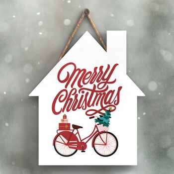 P2356 - Joyeux Noël Vélo Et Typographie Sur Une Plaque à Suspendre En Bois En Forme De Maison 1