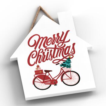 P2356 - Joyeux Noël Vélo Et Typographie Sur Une Plaque à Suspendre En Bois En Forme De Maison 2
