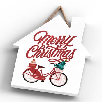P2356 - Joyeux Noël Vélo Et Typographie Sur Une Plaque à Suspendre En Bois En Forme De Maison 4