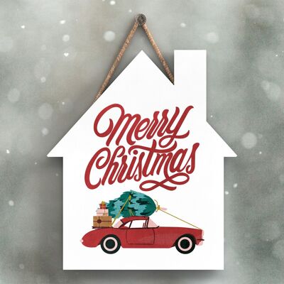 P2357 - Frohe Weihnachten Auto und Typografie auf einer hölzernen Hängetafel in Form eines Hauses