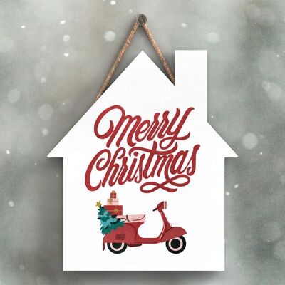P2358 - Frohe Weihnachten Scooter und Typografie auf einem hölzernen Hängeschild in Form eines Hauses