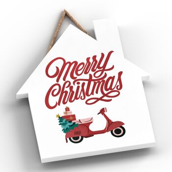 P2358 - Joyeux Noël Scooter Et Typographie Sur Une Plaque à Suspendre En Bois En Forme De Maison 2