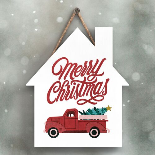 P2359 - Merry Christmas Truck And Typography On A House Shaped Wooden Hanging Plaque