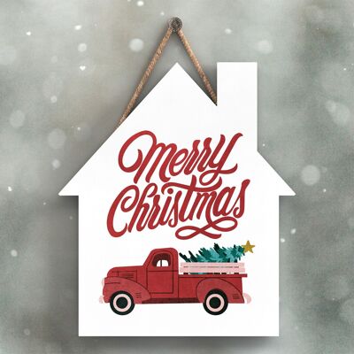 P2359 - Frohe Weihnachten-LKW und Typografie auf einem hölzernen Hängeschild in Form eines Hauses