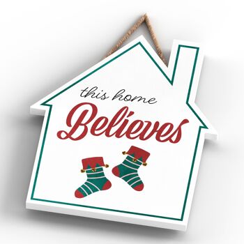 P2366 - This Home Believes Stockings Typography On A House Shaped Wooden Hanging Plaque 4