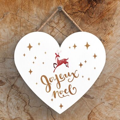 P2383 - Joyeux Noel Reindeer Typography On A Heart Shaped Wooden Hanging Plaque
