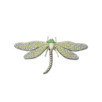 Spilla con libellula ricamata blu e verde