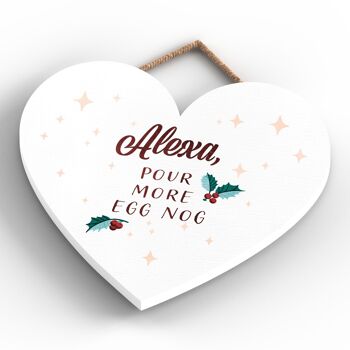 P2401 - Alexa, Pour More Eggnog Typography On A Heart Shaped Wooden Hanging Plaque 4