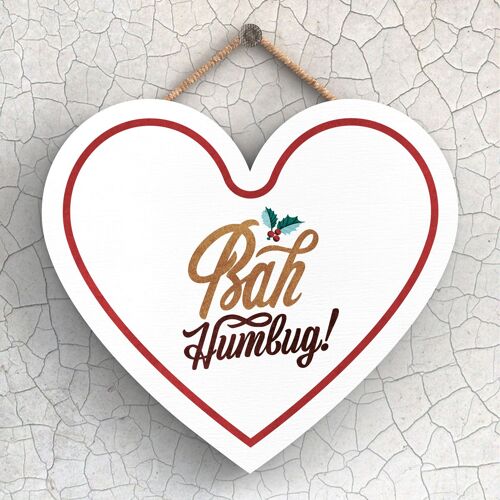 P2404 - Bah Humbug Gold And Red Typography On A Heart Shaped Wooden Hanging Plaque