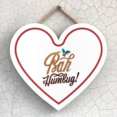 P2404 - Bah Humbug Gold And Red Typography On A Heart Shaped Wooden Hanging Plaque