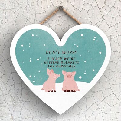 P2406 - Cochon Dans Des Couvertures Typographie Sur Une Plaque à Suspendre En Bois En Forme De Coeur