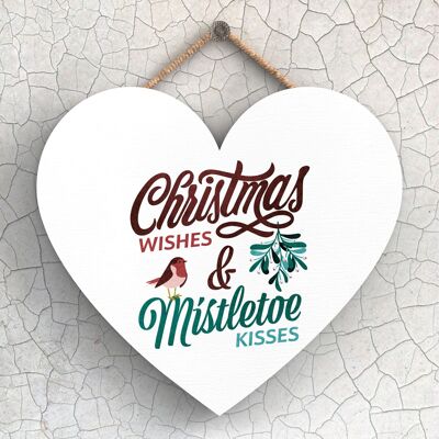 P2407 – Weihnachtswünsche Mistletoe Kisses Rote und grüne Typografie auf einem herzförmigen Holzschild zum Aufhängen