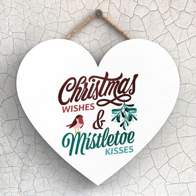 P2407 - Christmas Wishes Mistletoe Kisses Red And Green Typography On A Heart Shaped Wooden Hanging Plaque