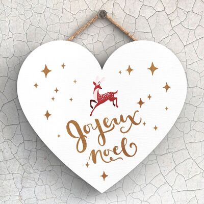 P2414 - Joyeux Noel Reindeer Typography On A Heart Shaped Wooden Hanging Plaque