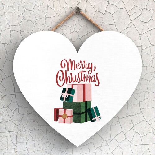 P2417 - Merry Christmas Presents And Typography On A Heart Shaped Wooden Hanging Plaque