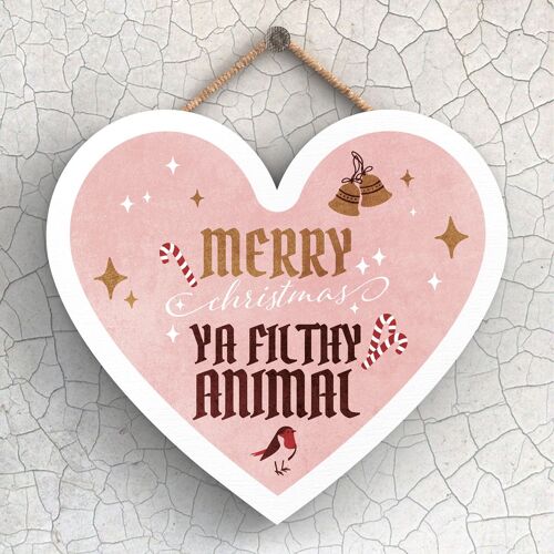 P2422 - Merry Christmas Ya Filthy Animal On A Heart Shaped Wooden Hanging Plaque