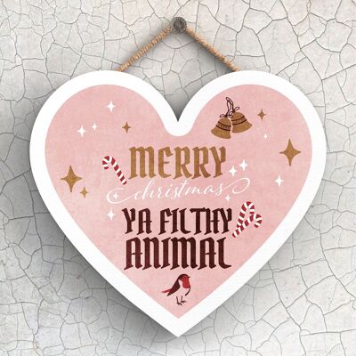 P2422 - Merry Christmas Ya Filthy Animal sur une plaque à suspendre en bois en forme de cœur