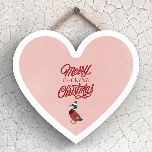 P2423 - Merry Ducking Christmas Duck On A Heart Shaped Wooden Hanging Plaque